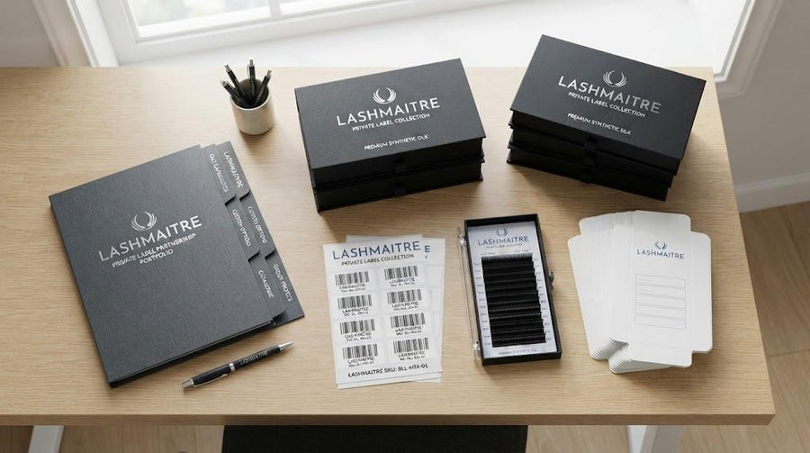 LASHMAITRE private label lash packaging portfolio with tray cards boxes and barcode labels