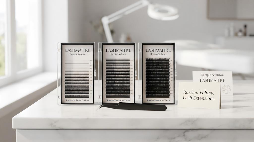 LASHMAITRE Russian volume lash extensions in 0.03mm 0.05mm and 0.07mm thickness trays