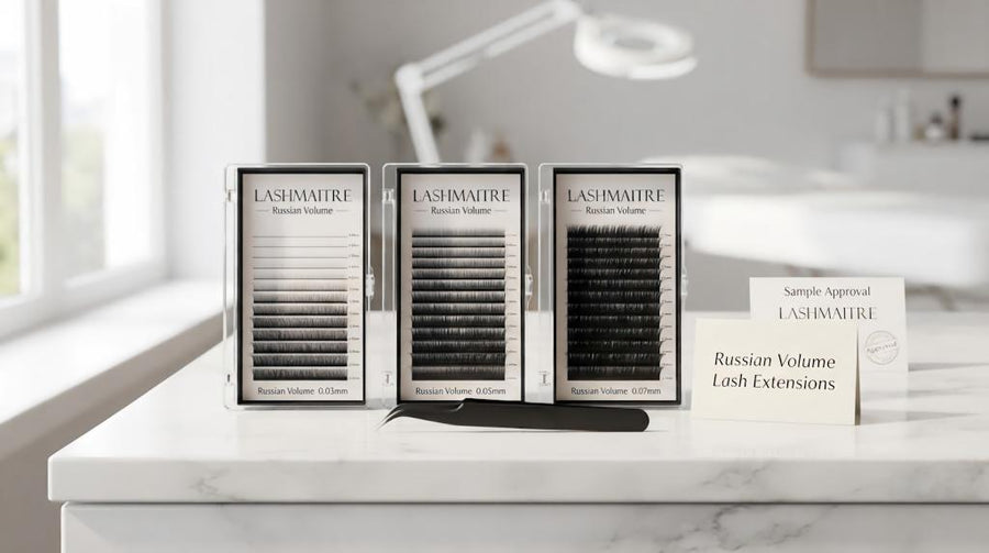 LASHMAITRE Russian volume lash extensions in 0.03mm 0.05mm and 0.07mm thickness trays