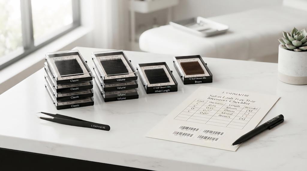 LASHMAITRE salon lash tray inventory checklist with classic volume mixed length and brown lash trays