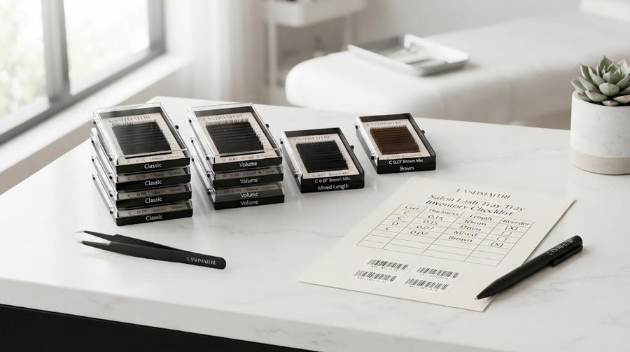 LASHMAITRE salon lash tray inventory checklist with classic volume mixed length and brown lash trays