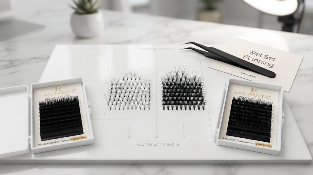 LASHMAITRE wet set lash extensions planning with 0.05mm and 0.07mm volume trays