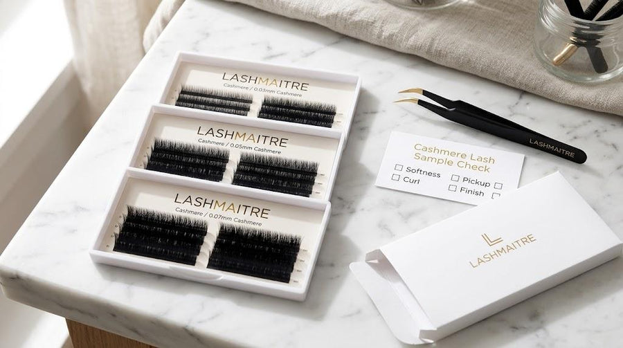 LASHMAITRE cashmere lash extension trays in 0.03mm 0.05mm and 0.07mm with sample check card