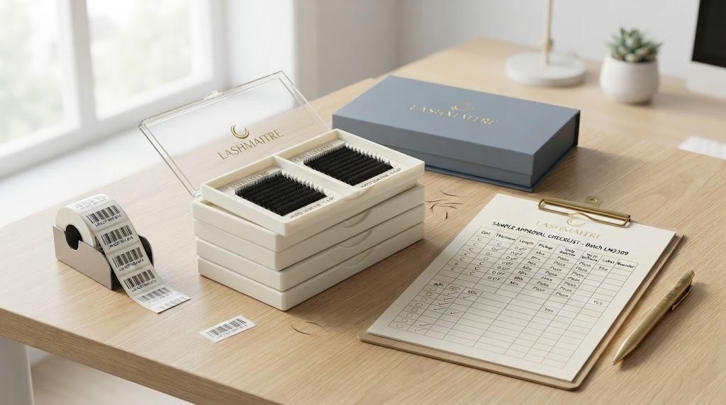 LASHMAITRE wholesale lash tray sample approval desk with barcode labels and checklist