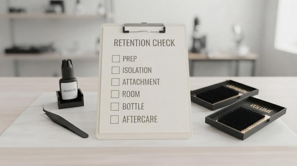 LASHMAITRE lash extension retention troubleshooting checklist with glue and trays