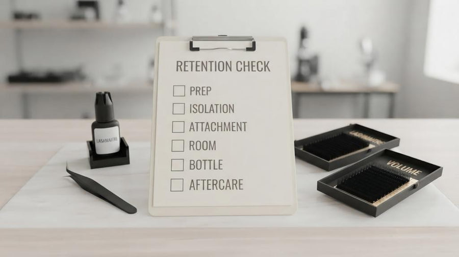 LASHMAITRE lash extension retention troubleshooting checklist with glue and trays