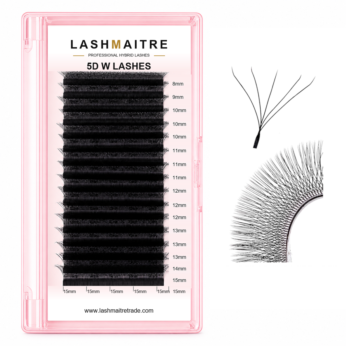 LASHMAITRE W Shape 5D Premade Volume Fan Lashes 5D W LASHES main product image with row-aligned 8-15mm labels
