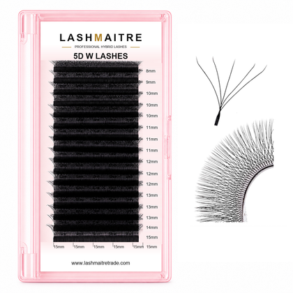 LASHMAITRE W Shape 5D Premade Volume Fan Lashes 5D W LASHES main product image with row-aligned 8-15mm labels