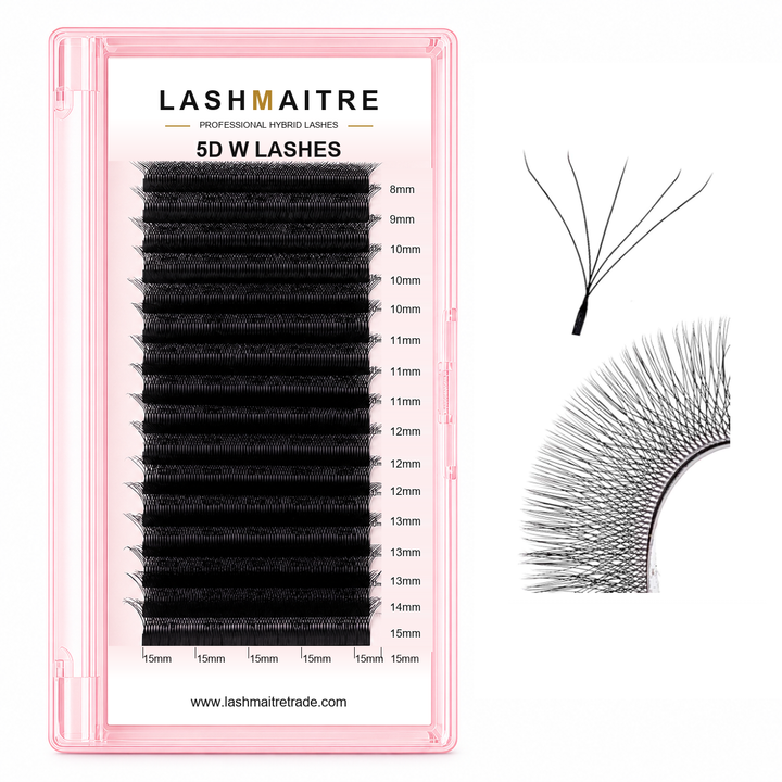 LASHMAITRE W Shape 5D Premade Volume Fan Lashes 5D W LASHES main product image with row-aligned 8-15mm labels