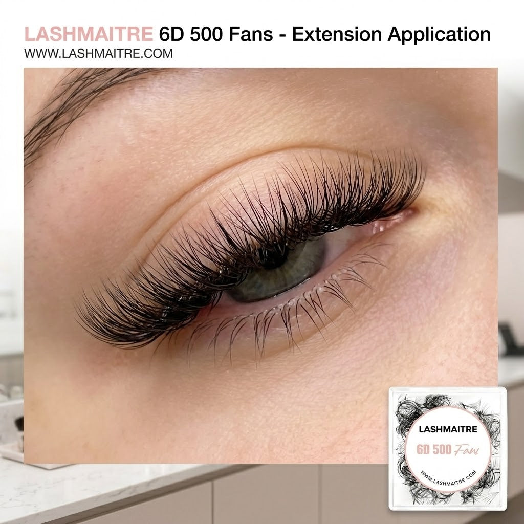 Finished volume lash extension set created with LASHMAITRE 6D premade fans