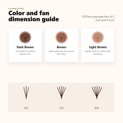 LASHMAITRE Colored Premade Volume Fans - Brown & Accent Lash Fans color and fan dimension guide