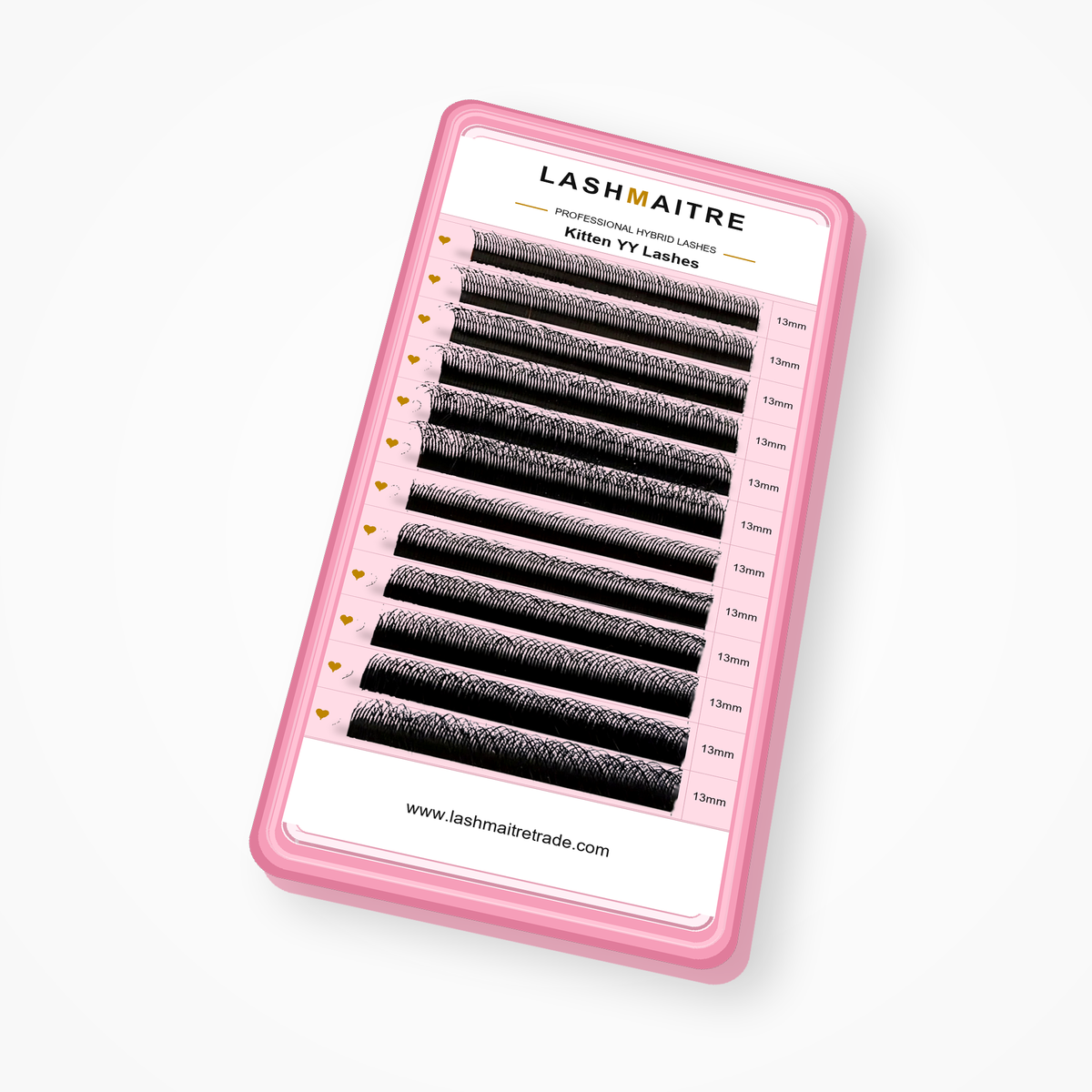 Angled view of a real LASHMAITRE Kitten YY lash tray and fiber rows