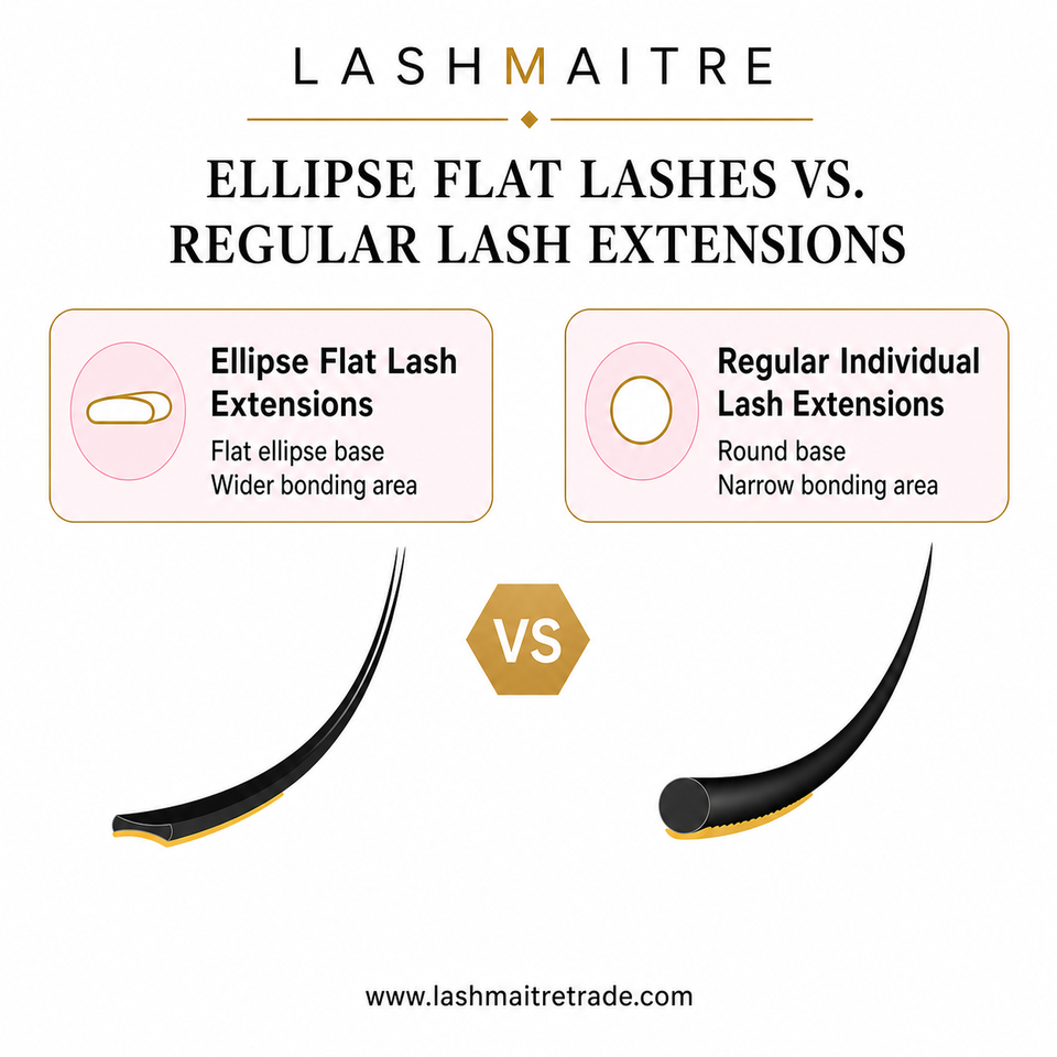 Visual comparison of LASHMAITRE ellipse flat lashes and round classic lash extensions